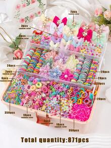 871pcs Spring Candy Color Sweet Children Hair Accessories Set, Includes Rhinestone Pearl Butterfly Flower Hair Clips, Textured Bow Hair Clips, Gradient Daisy Hair Clips, Mesh Bow Side Clips, Mini Claw Clips, High Elastic Ruffle Hair Ties, Colorful Towel Rings And TPU Headbands, Suitable For Children's Daily Wear And Party - Multicolor - View 12