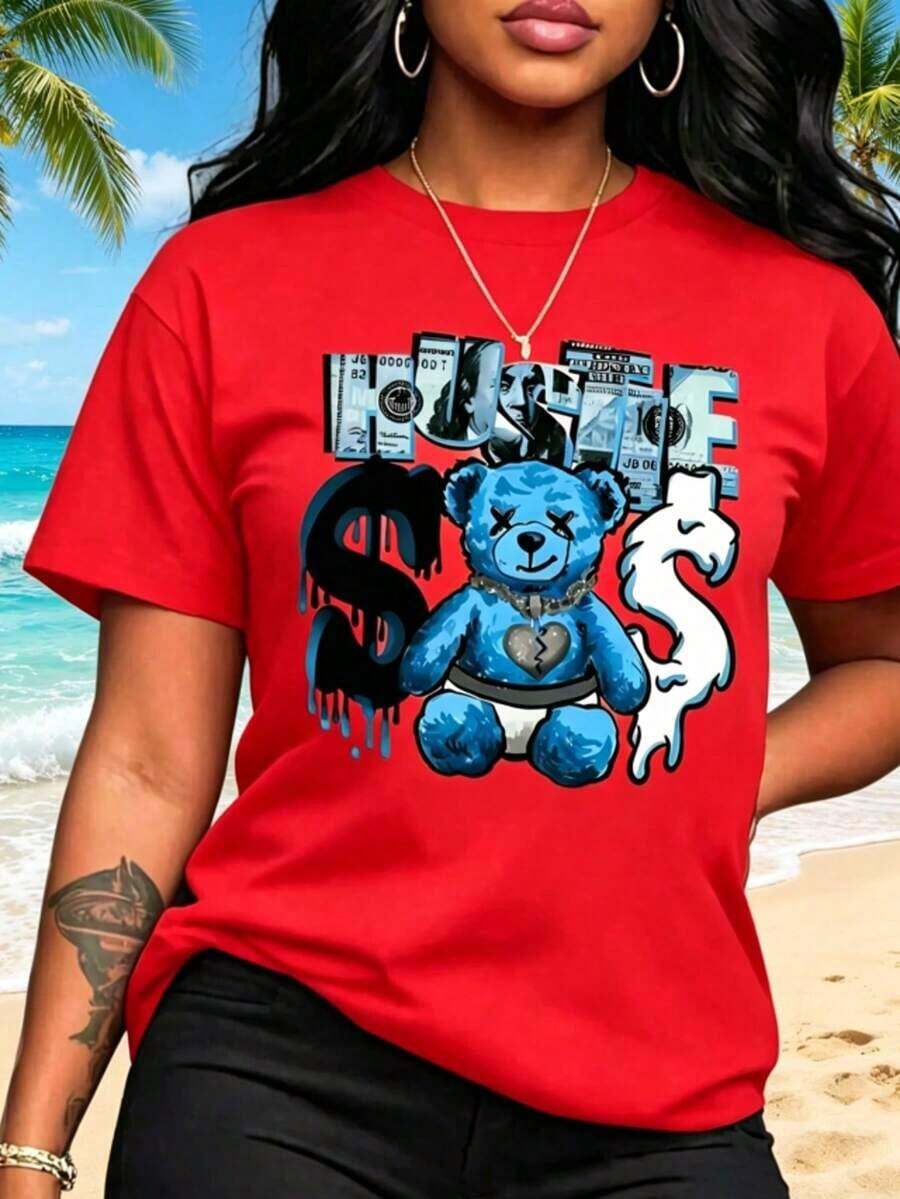 1 Piece Casual Fashion For Men And Women Spring Clothes Women Light Blue Bear Pattern Printed T-Shirt - Short Sleeve Round Neck Casual Top With Effort Slogan And Dollar Sign Design, Machine Washable Suitable For All Seasons, Comfortable Loose Fit And Comfortable Summer Versatile Style, Easy To Match, Suitable For Daily Wear, Urban Style, Holiday Outfits, Weekend Outfits. - 紅色 - 查看 1