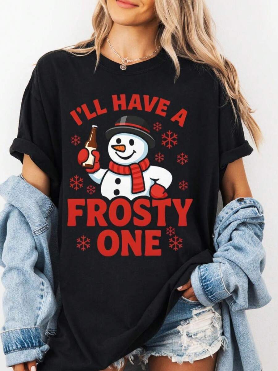 Camiseta divertida de muñeco de nieve navideño, camiseta de cerveza navideña "I'll Have A Frosty One", ropa de invierno, regalo para amantes de la cerveza y fanáticos de la Navidad. Camiseta unisex de algodón puro de 220 g, peso ideal para todas las estaciones, adecuada tanto para hombres como para mujeres. Tejido duradero de alta calidad, suave al tacto y de larga duración. Parte superior transpirable. Adecuada para mujeres en primavera y verano, vacaciones, Día de la Madre, Día de la Independencia. - Negro - Ver 1
