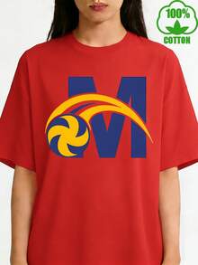Camiseta moderna minimalista de algodón puro, con una vibrante combinación de colores, diseño deportivo con estampado de la letra M, camiseta de manga corta de algodón puro para mujer, ropa deportiva de moda, excelente regalo para uso diario informal. - Rojo - Ver 7