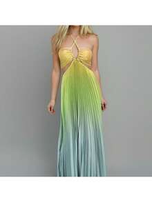 Vestido largo degradado con cuello halter y calados, estilo elegante y sensual primavera 2026 - Verde - Ver 5