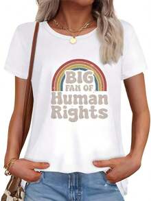 Camiseta de algodón puro para mujer, casual, de cuello redondo y manga corta. |   Gran admirador de la impresión de derechos humanos, tela transpirable, adecuada para todas las estaciones. - Blanco - Ver 2