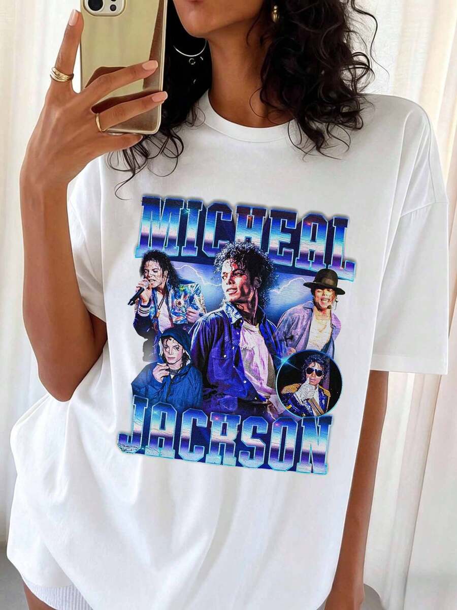 Vintage M-MichaelS J-JacksonS Collage Print T-Shirt, 90s Pop Graphic Tee, Casual Top For MJS Fans - White - View 1