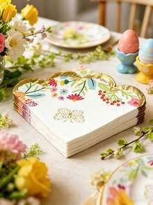 20 Sheets Floral Butterfly Golden-Embossed Napkins, Embossed Floral Butterfly Napkins, Irregularly Shaped Floral Butterfly Napkins With Ruffled Edges, Disposable Elegant Cocktail Napkins, Suitable For Birthday Party, Tea Party Decoration, Party, Wedding, Bridal Shower, Table Setting, Hotel And Restaurant Decoration Paper - Multicolor - View 1