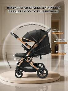 Carriola reversible y alta para bebé, incluye bandeja desmontable y toldo solar, ruedas grandes con suspensión y una amplia canasta de almacenamiento inferior. Imprescindible para pasear al bebé. - Negro - Ver 5