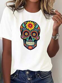 Women's T-shirt Vintage Camiseta ligera para mujer con diseño de calavera mexicana - 100% estilo Día de Muertos, con estampados florales y de sombreros brillantes y coloridos, cuello redondo informal, manga corta, adecuada para fiestas temáticas y uso diario, lavable a máquina, patrón geométrico, cómoda para todas las estaciones, corte holgado, elementos de calavera y flores, tela suave y transpirable, opción popular con estilo cultural mexicano 100% algodón. Estilo gótico de moda - Blanco - Ver 1