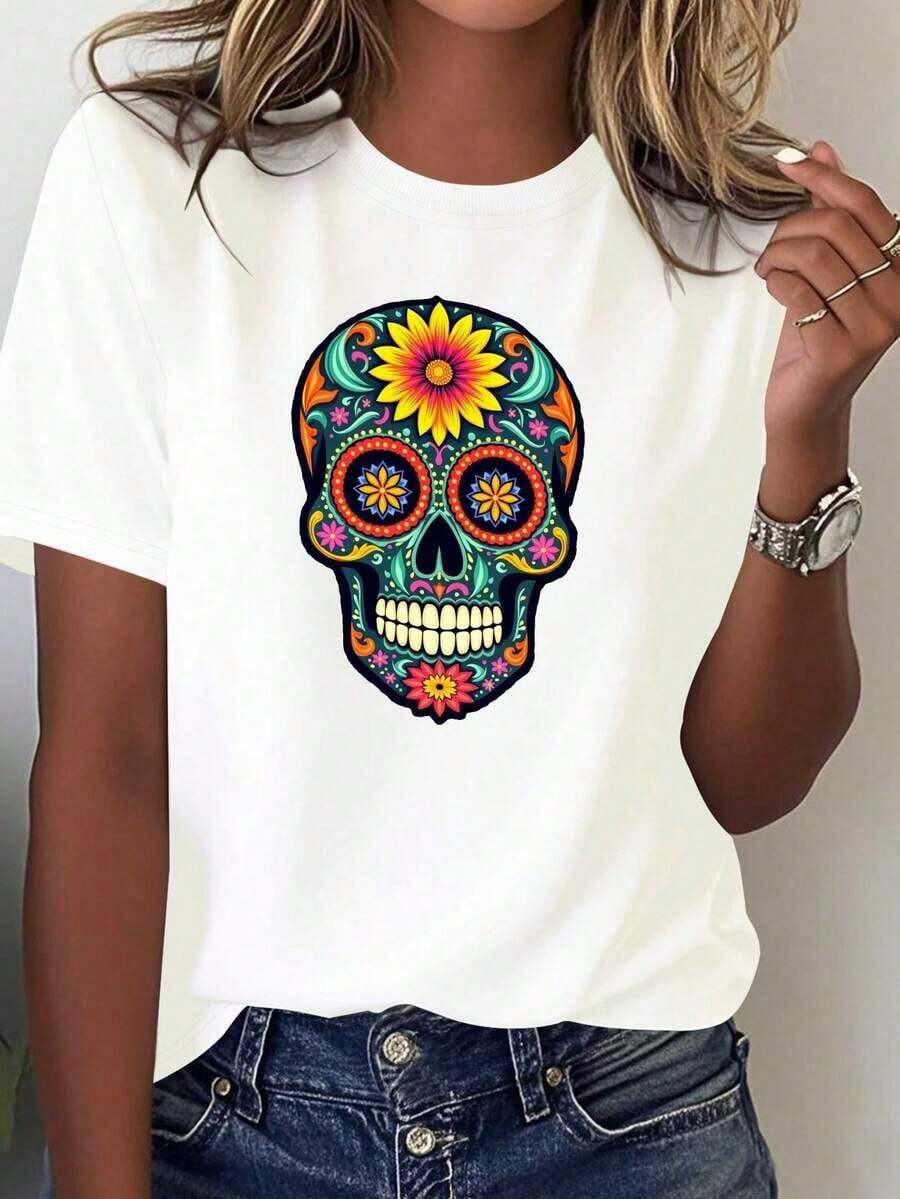 Women's T-shirt Vintage Camiseta ligera para mujer con diseño de calavera mexicana - 100% estilo Día de Muertos, con estampados florales y de sombreros brillantes y coloridos, cuello redondo informal, manga corta, adecuada para fiestas temáticas y uso diario, lavable a máquina, patrón geométrico, cómoda para todas las estaciones, corte holgado, elementos de calavera y flores, tela suave y transpirable, opción popular con estilo cultural mexicano 100% algodón. Estilo gótico de moda - Blanco - Ver 1