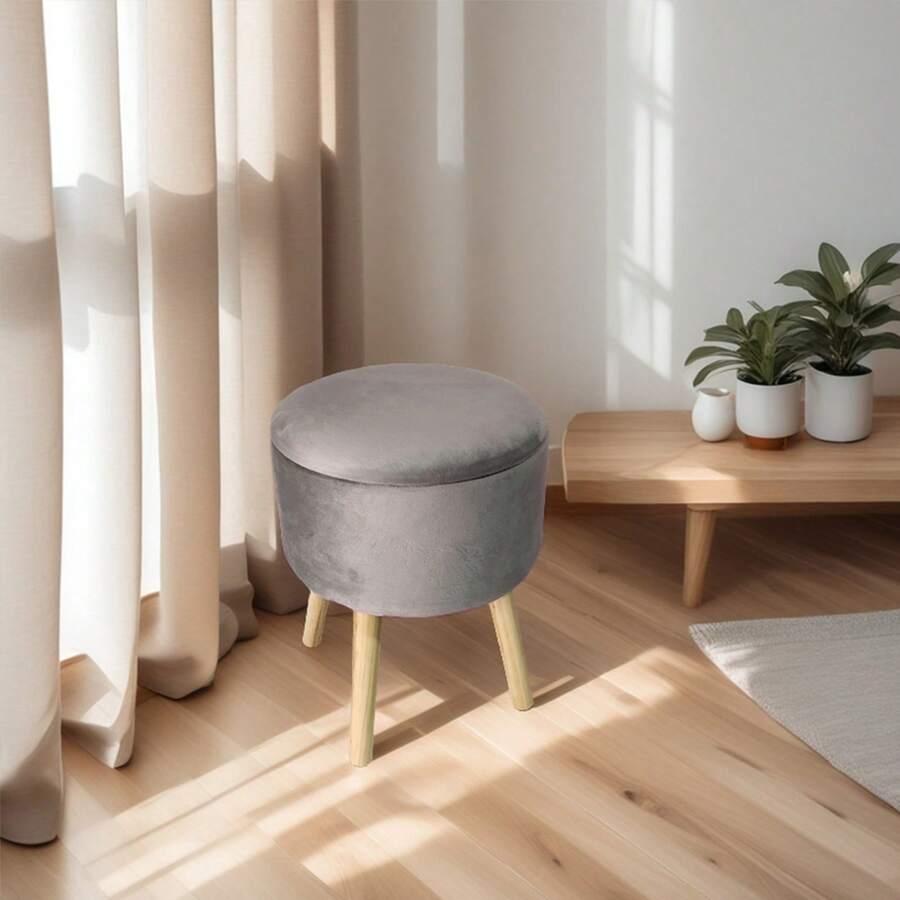 1pc Gray Round Fabric Storage Ottoman, Minimalist Modern Removable Round Stool With Wooden Legs, Shoe Bench, Vanity Chair, Multipurpose Creative Storage Ottoman, Toy Storage Stool For Living Room Bedroom - Multicolor - View 1