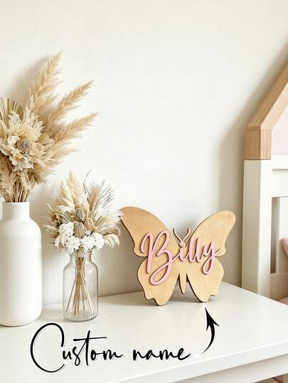 1pc Customized Butterfly Double-Layer Wooden Name Plate | Decor For Baby Room, Suitable For Decorating Doors, Living Room, Kitchen Walls, Or As A Commemorative Gift For Couples, Families And New Homeowners. This Name Plate Can Add Warmth, Personalized And Modern Charm To Any Home Space.