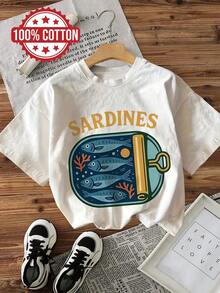 Top casual de verano para mujer, estilo vintage, estampado de sardinas enlatadas, cuello redondo, camiseta de manga corta - Estilo callejero vintage, camiseta unisex de algodón suelto de manga corta con cuello redondo, blusas para mujer. blusas.blusas casuales para dama. - Blanco - Ver 7