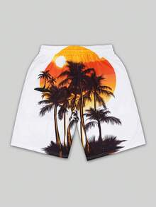 Men's Swim Trunks, Loose Fit Drawstring Waist Palm Tree Print Beach Shorts With Side Pockets - White - View 4