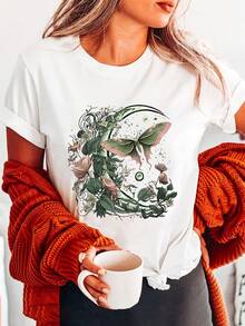 Camiseta Goblincore con estampado 1 de polilla, mariposa, fases lunares y flores estilo Cottagecore, de manga corta y cuello redondo, prenda casual para verano y primavera, ropa de mujer - Blanco - Ver 1