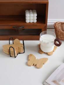 6pcs Butterfly Wooden Coaster Set: Natural Wood Butterfly-Shaped Coasters With A Black Metal Storage Rack. - Multicolor - View 2