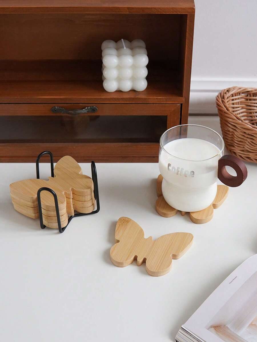 6pcs Butterfly Wooden Coaster Set: Natural Wood Butterfly-Shaped Coasters With A Black Metal Storage Rack.