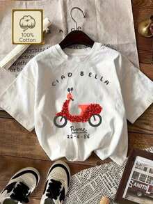 Camiseta de algodón con estampado Bicicleta roja con destellos rojos casual de moda para mujer - Blanco - Ver 1