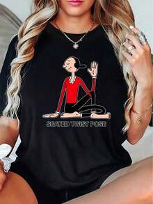 Camiseta casual de verano para mujer con estampado moderno de dibujos animados, letras fáciles y patrón de yoga fitness - Mangas cortas, cuello redondo, suave y cómoda, ideal para uso casual Blusas Bonito 100% Cotton - Negro - Ver 4