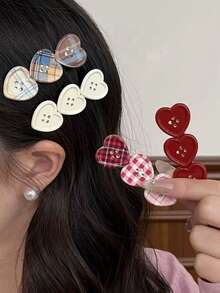 Cute Plaid Heart Decor Hair Clip, Side Bangs Hairpin Accessories For Girls,Hair Claws,Bobby Pin - Multicolor - View 5