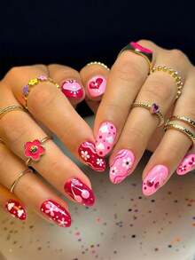 24PCS Short Almond Press On Nails With Design, Colorful Stars Polka Dots Hearts Pattern Fake Nails Cute Full Cover Nude Pink Acrylic Nails Spring Summer Color Vitality Glue On Nails For Women Girls - Multicolor - View 1