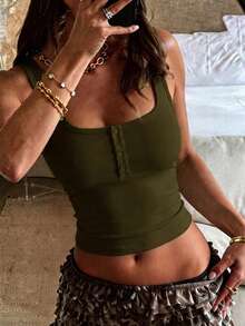 GAOVOT 女士 Y2K 性感方领纽扣装饰休闲吊带背心，春夏款 - 軍綠色 - 查看 5
