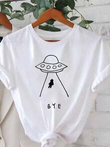 Talla Grande - Talla Grande - Meme de Adiós OVNI, Camiseta de Moda Casual de Mujer de Talla Grande con Estampado Minimalista y Original de Patrón de Adiós, Cuello Redondo para Uso Diario, Compras y Fiestas de Primavera y Verano - Negro - Ver 6