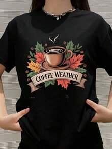 Camiseta con Gráficos de Café, Clima y Hojas de Otoño, para Mujeres y Hombres, Ropa Casual Unisex, Idea de Regalo para el Festival de la Cosecha - Negro - Ver 1