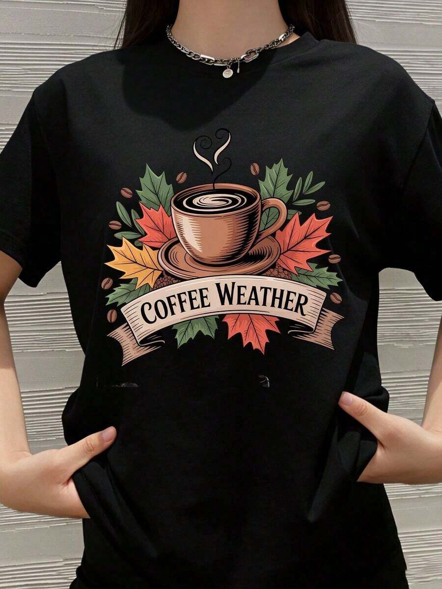 Camiseta con Gráficos de Café, Clima y Hojas de Otoño, para Mujeres y Hombres, Ropa Casual Unisex, Idea de Regalo para el Festival de la Cosecha - Negro - Ver 1