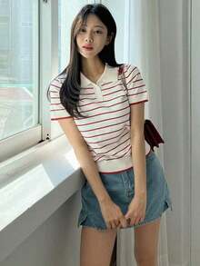 Blusa de punto de manga corta con cuello polo para mujer, de vestir informal - Rojo y blanco - Ver 2