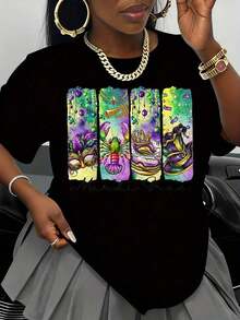 Camiseta de Mujer para el Festival Gras, Diseño Colorido de Carnaval, Camiseta para Fiesta, Ropa para Celebrar el Evento Gras - Negro - Ver 1