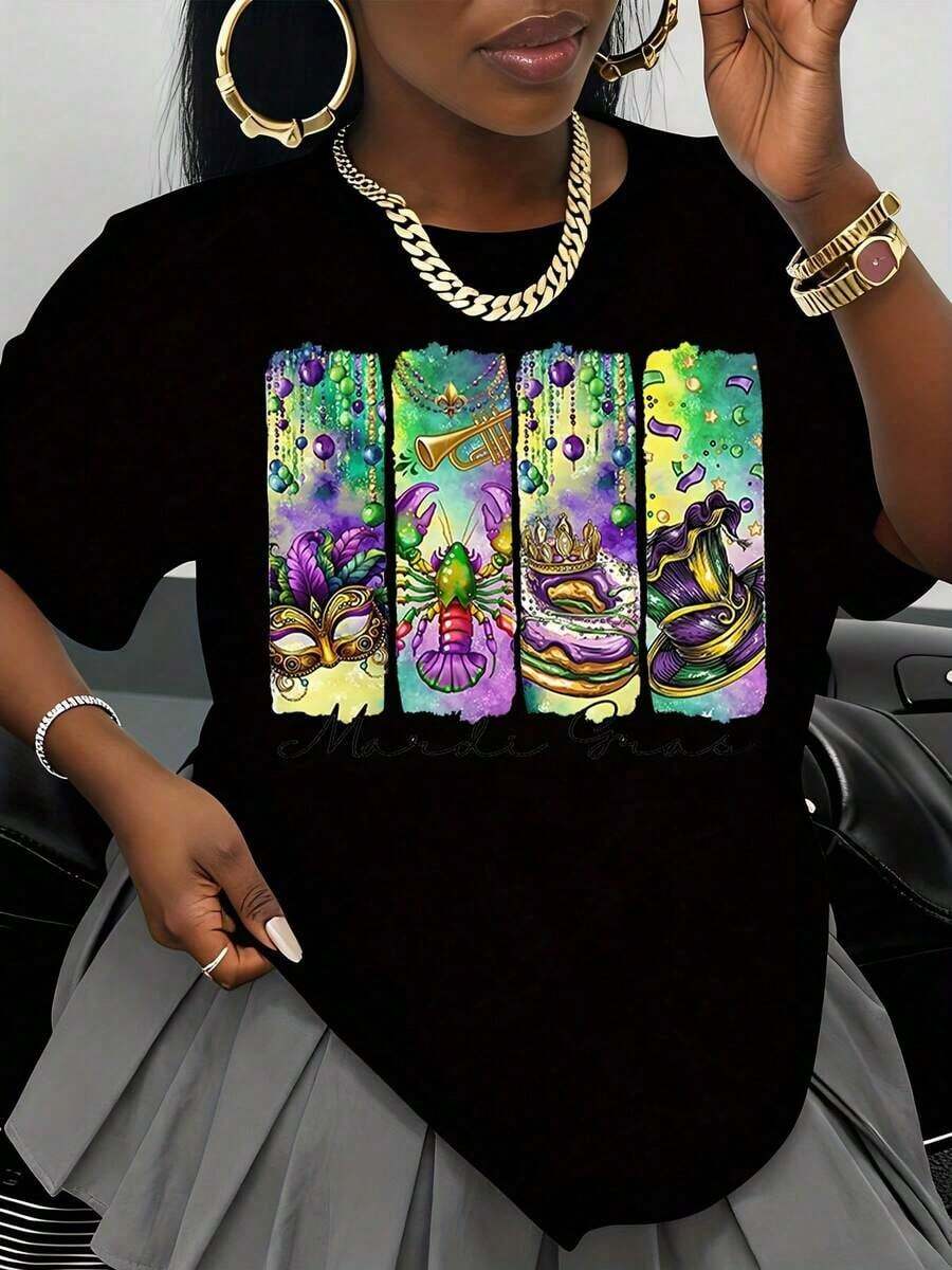 Camiseta de Mujer para el Festival Gras, Diseño Colorido de Carnaval, Camiseta para Fiesta, Ropa para Celebrar el Evento Gras - Negro - Ver 1