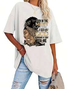 Camisetas gráficas de manga corta 1PS [Camiseta de talla grande con estampado de letras] Camiseta de talla grande con estampado de letras - Top casual de manga corta para primavera y verano - Ropa de mujer 100% algodón SUAVE 100% algodón - Blanco - Ver 1