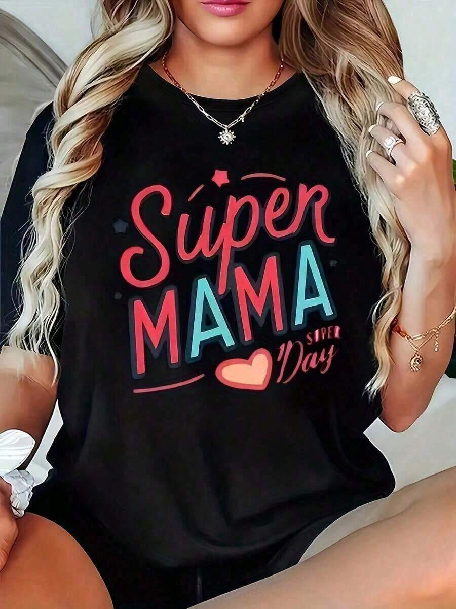 1pscNueva camiseta de algodónCamiseta de Mujer Super Mama - Talla Grande Negra Manga Corta Cuello Redondo con Letras Super Mom & Huella, Diseño Corazón Rosa Rojo - Regalo para el Día de la Madre, Corte Casual, Uso Durante Todo el Año para Super Mamás &Women's short-sleeved printed T-shirtEl mejor regalo para mamá en el Día de la Madre. Adecuado como regalo. playera de mujer. blusas>elegantes 100% Algodón - Negro - Ver 1