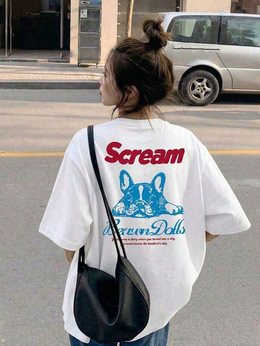 Women's Summer T-Shirt, American Vintage Style, Cream Color, With French Bulldog Print, Loose Fit, Versatile, Short Sleeve, Casual, White - 白色的 - 查看 1