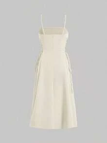 Vestido largo rojo de noche con pliegues en el busto y cordones a los lados, vestidos de verano para mujeres - Albaricoque - Ver 2