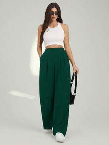 Tall Pantalones rectos de unicolor casual para mujer - Verde Oscuro - Ver 3