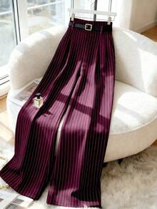 Pantalones de mujer de mezcla de algodón a rayas cómodos, de cintura alta, elegantes y de moda, de alta gama, con pliegues, cintura elástica, rectos, sueltos y de pierna ancha, adecuados para primavera/otoño, uso diario y versátiles - Burdeos - Ver 2