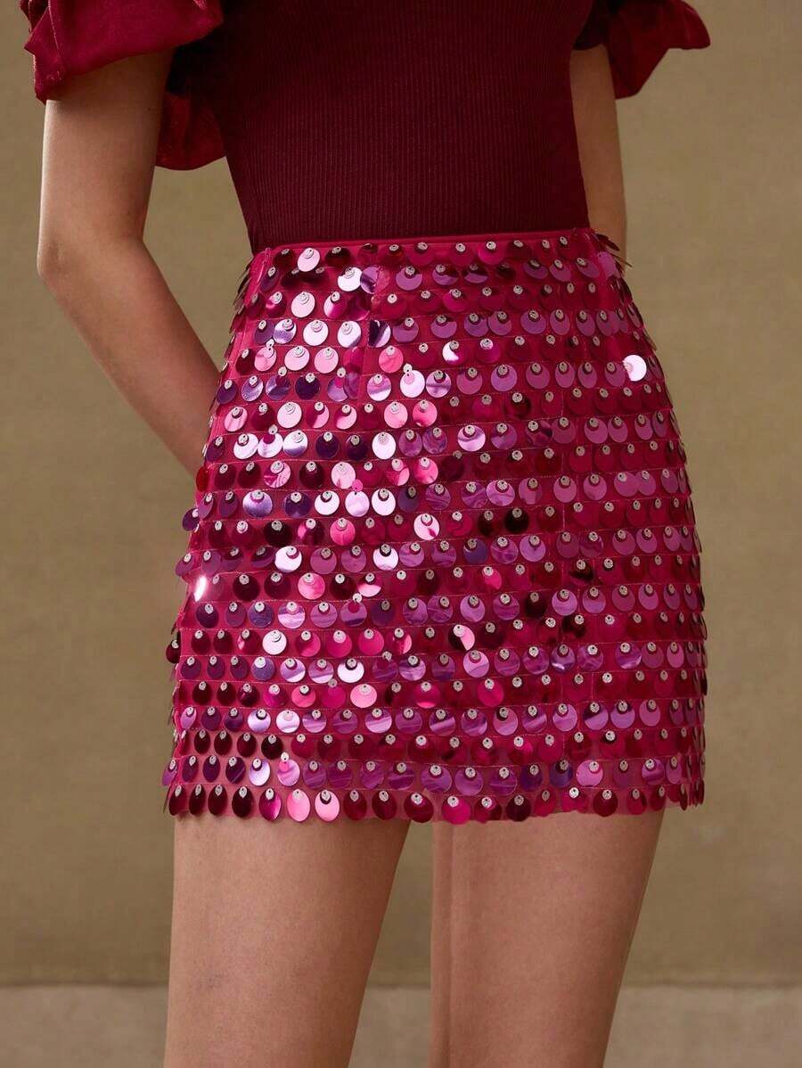 PREMIUM FALDA CON LENTEJUELAS DE MODA PARA MUJER - Rojo violeta - Ver 1