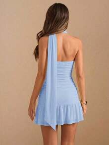 Vestido mini elegante con estampado floral crema y amarillo, con pliegues, asimétrico, sin tirantes y con tirantes anudados, para mujer en otoño/invierno. Vestido de cumpleaños, boda, cóctel, elegante y sexy, romántico, para cita, fiesta nocturn - Celeste - Ver 2