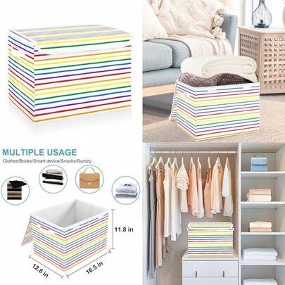 CaTaKu - Contenedores de almacenamiento grandes de tela con tapas, cajas de almacenamiento a rayas de colores arcoíris con asas para organizar ropa, cubos de almacenamiento plegables para estantes