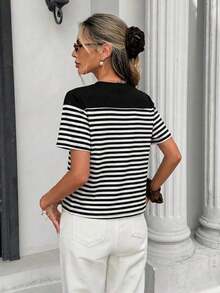 Camiseta holgada de cuello redondo y manga corta de estilo minimalista casual para mujer, con estampado de rayas, conjunto de ocio para mujer - Multicolor 3 - Ver 3