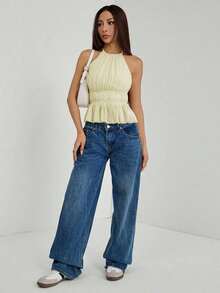 Top sin espalda con cuello de halter con pliegues y cintura con lazo para mujer - Amarillo claro - Ver 5