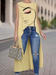 Camisa de mujer sin mangas con estampado de rostro abstracto, corta por delante y larga por detrás, con silueta en línea A - Amarillo - Ver 5