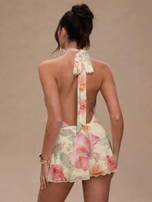 Vestido mini halter casual y sexy con estampado floral tie-dye marrón, estilo corto plisado adecuado para vacaciones y fiestas de primavera/verano - Multicolor 4 - Ver 3