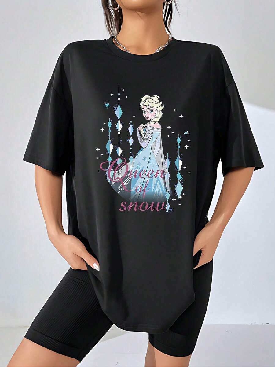 Reina del hielo y los copos brillantes que reflejan la fuerza interior, la elegancia y la magia del invierno con detalles de cristales azules y estrellas luminosas camiseta de mujer confortable y moderna para uso diario - Negro - Ver 1