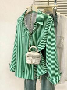 Camisa de manga larga con estampado a rayas y lazo, con botones delanteros, cuello de camisa, top casual, adecuado para primavera, otoño e invierno en color rosa - Verde - Ver 1