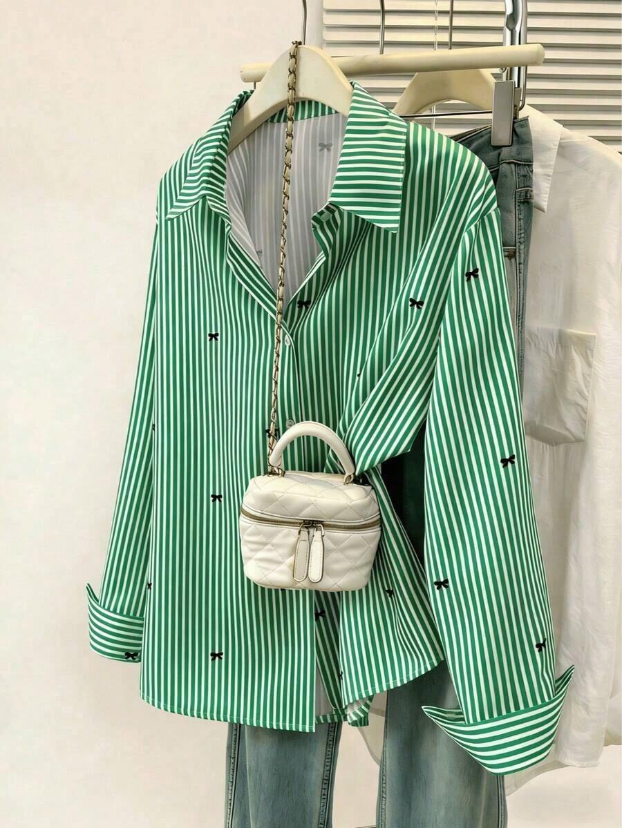 Camisa de manga larga con estampado a rayas y lazo, con botones delanteros, cuello de camisa, top casual, adecuado para primavera, otoño e invierno en color rosa - Verde - Ver 1