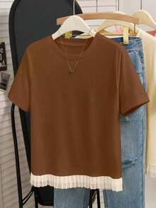 Camiseta de manga corta con dobladillo con flecos, de corte holgado y casual para mujer, en color marrón y café, con estilo sencillo y elegante, adecuada para volver al colegio o el Día del Maestro - Café integral - Ver 3
