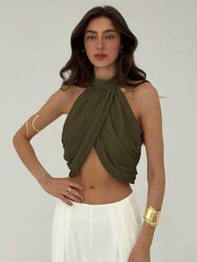 Blusa elegante y sexy para mujer con cuello cruzado, fruncido en la espalda y botones, de estilo casual y de vacaciones, de gasa - Verde militar - Ver 1
