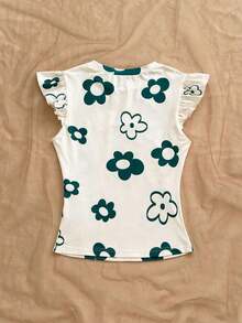 Camiseta casual de mujer con cuello redondo, mangas de volantes y estampado floral, blusas florales para mujer, blusas con mangas de volantes, para salir, blusas de manga corta lindas - Multicolor 2 - Ver 2