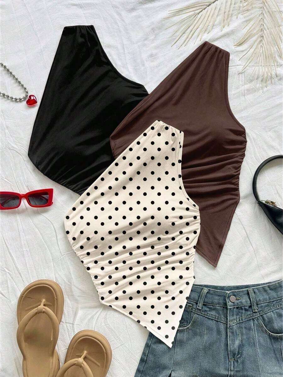 Blusa de mujer con escote asimétrico fruncido sin mangas de moda Y2K - Multicolor 4 - Ver 1