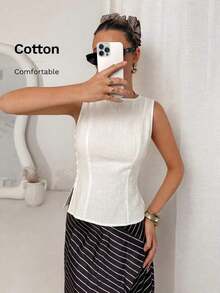 Camisa blanca sin mangas de algodón y lino, ajustada, con botones de nudo de bambú, estilo vintage para oficina - Blanco - Ver 9
